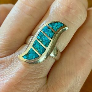 Vintage Sterling Silver Native American Turquoise Inlay Wave Ring size 7
